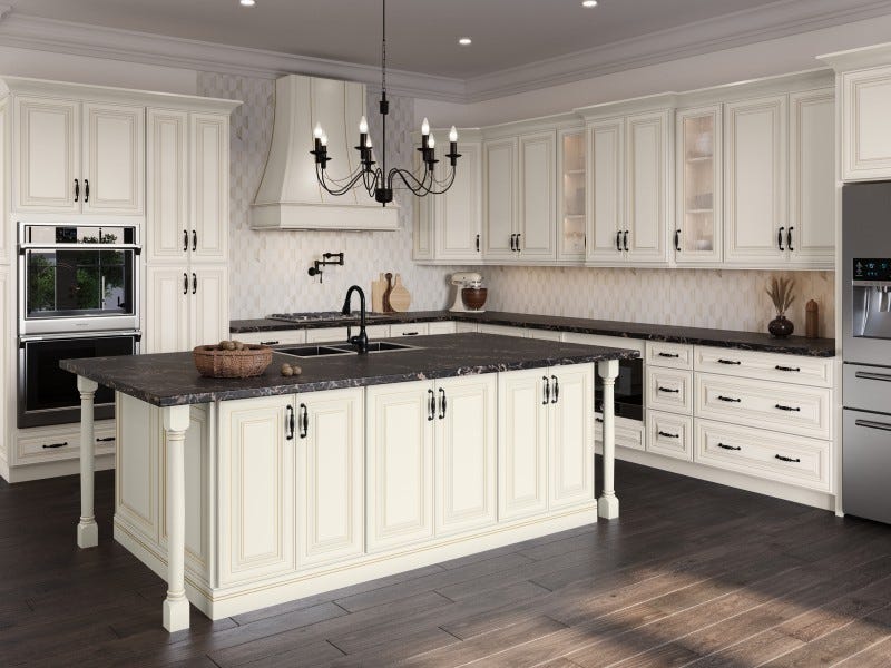 Casselberry Series Antique White cabinets in a finished kitchen
